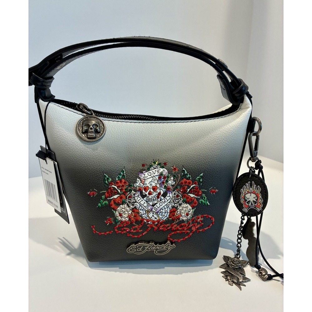 ED HARDY~White/Black Ombre Rhinestone Mini Hobo Shoulder Bag NWT Y2K